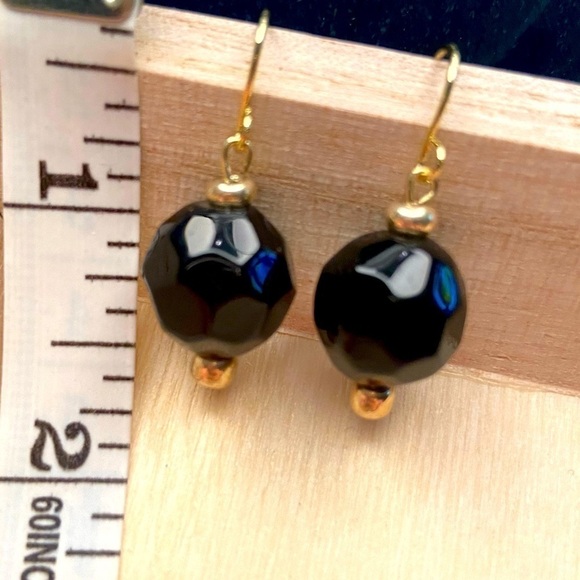 Black Round Beaded Dangle Earrings with Gold Tone Wire - Picture 2 of 3